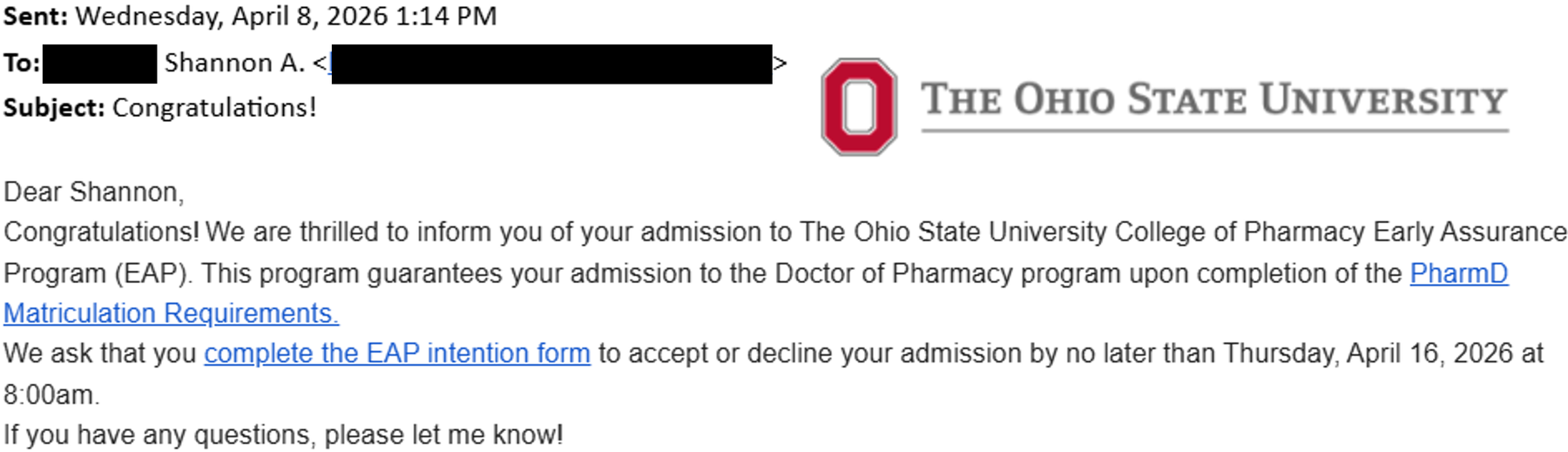 Ohio State University PharmD Early Assurance acceptance email